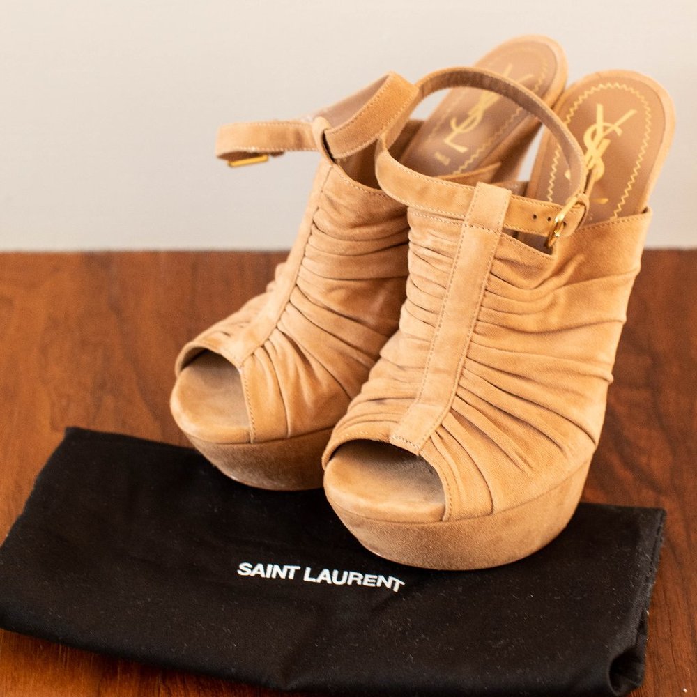Yves Saint Laurent (YSL) Suede Open Toe High Heel Sandals